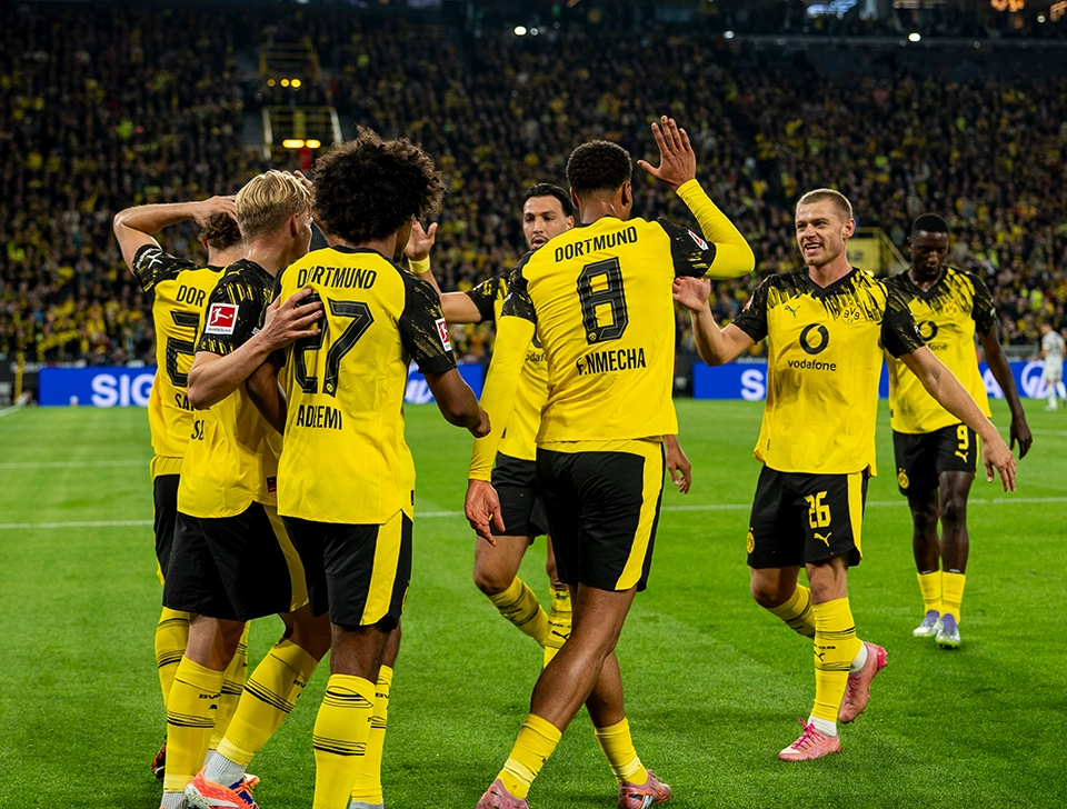 Alle BVB Feldspieler bejubeln ein Tor (Foto)